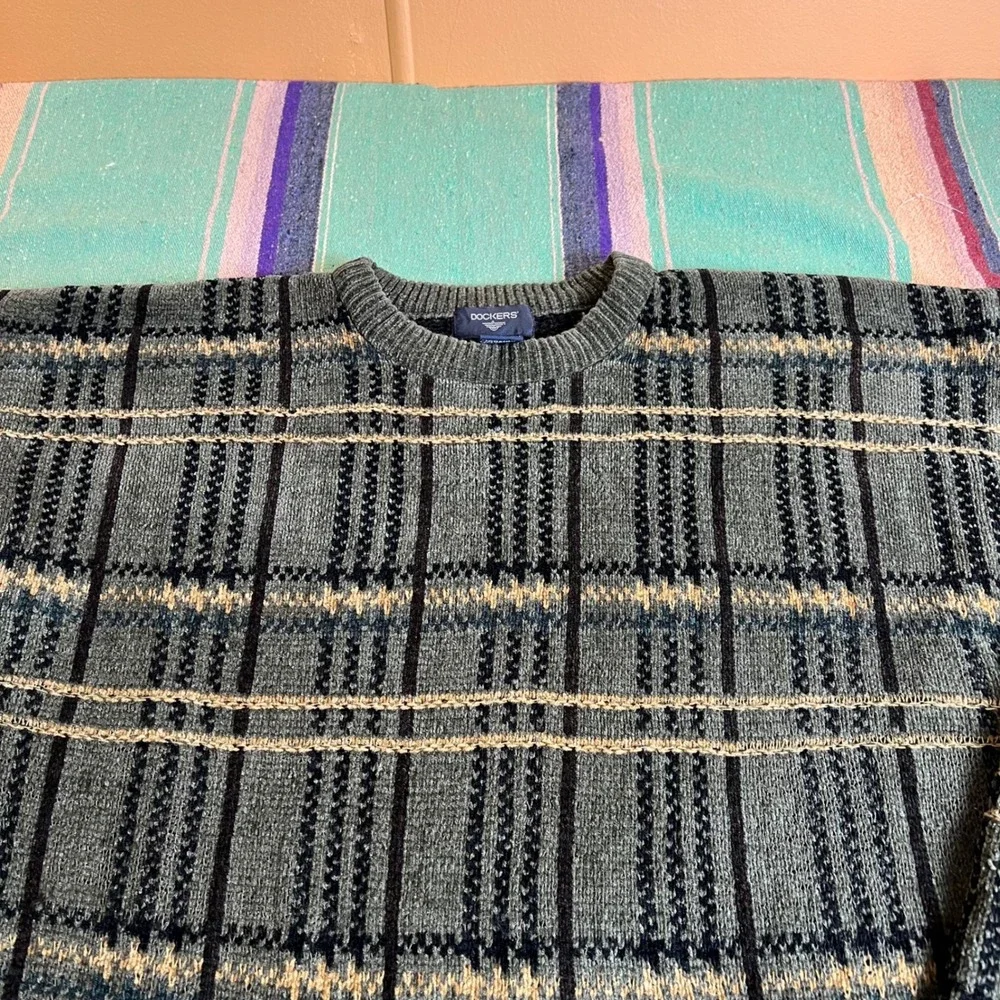 Dockers Plaid Sweater Mens Large Green Crewneck Long Sleeve Knit Acrylic Blend